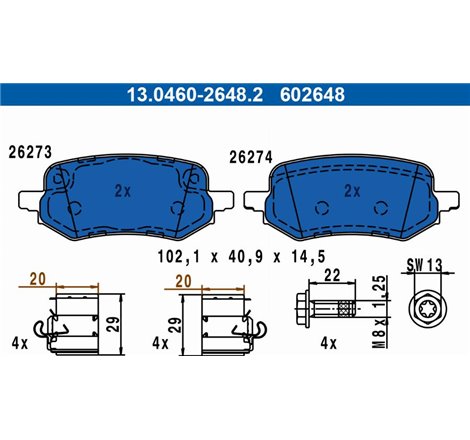 Set placute frana Spate  cu suruburi de ghidare a etrierului de frana. FORD PUMA 1.0-1.5D 09.19- - ATE-13.0460-2648.2