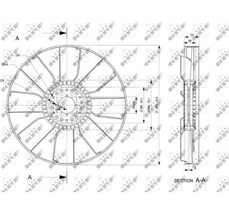 Ventilator radiator diametru 595mm. number of blades 8 MERCEDES ATEGO 2. AXOR 2. UNIMOG OM900.920-OM924.923 03.00- - NRF-49807