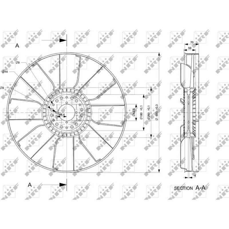 Ventilator radiator diametru 595mm. number of blades 8 MERCEDES ATEGO 2. AXOR 2. UNIMOG OM900.920-OM924.923 03.00- - NRF-49807