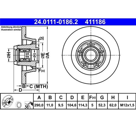 Disc de frana cu rulment Spate DR-ST cu inel ABS RENAULT MEGANE III 2.0 05.09-08.15 - ATE-24.0111-0186.2