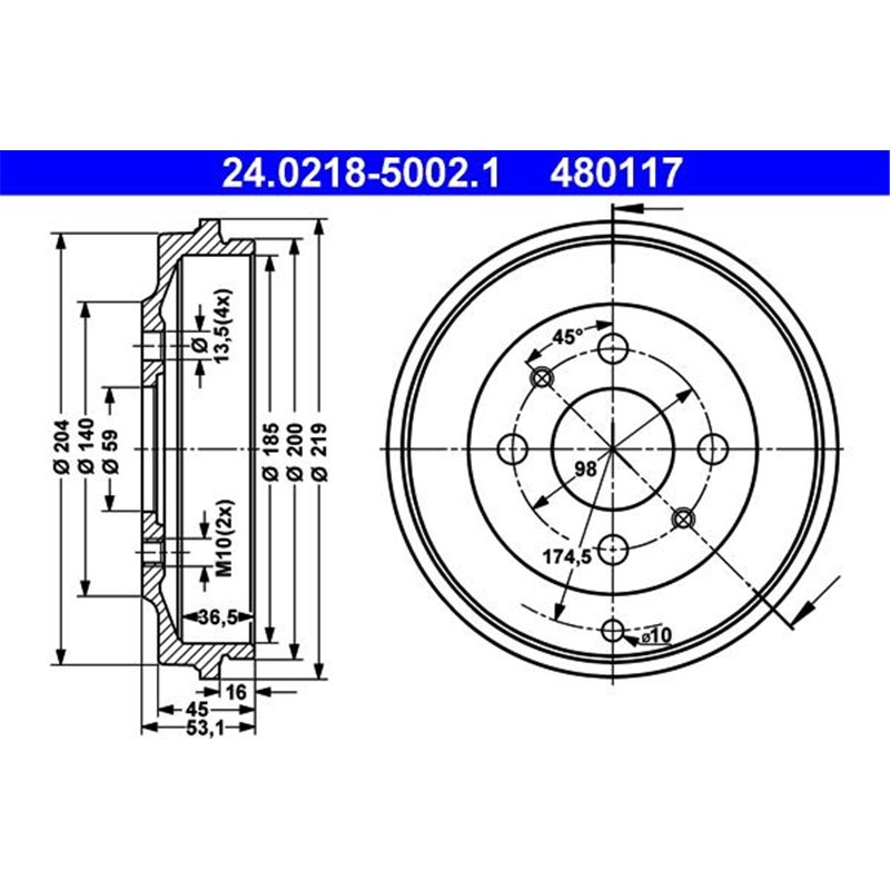 Tambur frana Spate FIAT CINQUECENTO. PALIO. SEICENTO-600. SIENA 0.9-Electric 10.94-12.12 - ATE-24.0218-5002.1