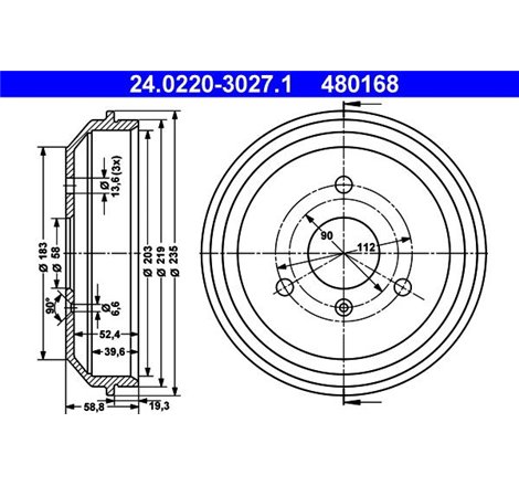 Tambur frana Spate SMART CABRIO. CITY-COUPE. CROSSBLADE. FORTWO. ROADSTER 0.6-Electric 07.98- - ATE-24.0220-3027.1