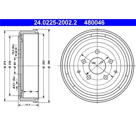 Tambur frana Spate VW TRANSPORTER T2. TRANSPORTER T3 1.6-2.1 08.68-07.92 - ATE-24.0225-2002.2