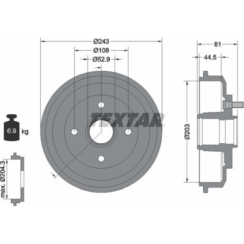 Tambur frana Spate FORD FIESTA. FIESTA V. FUSION. MAZDA 2 1.0-1.6D 11.01-11.13 - Textar-94026700