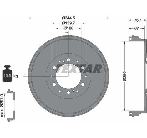 Tambur frana Spate TOYOTA FORTUNER. HILUX. HILUX VII. HILUX VIII 2.4D-4.0 06.04- - Textar-94038800