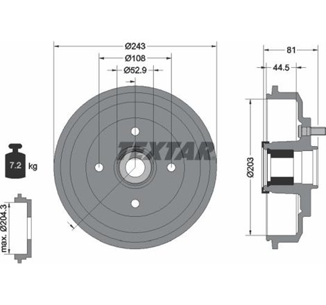 Tambur frana Spate FORD FIESTA. FIESTA V. FUSION. MAZDA 2 1.0-1.6D 11.01-11.13 - Textar-94041300