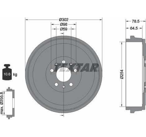 Tambur frana Spate FIAT DOBLO. DOBLO CARGO. OPEL COMBO TOUR. COMBO-MINIVAN 1.3D-2.0D 01.10- - Textar-94045400