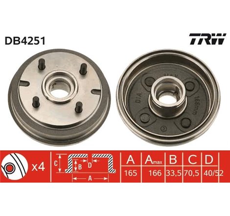 Tambur frana Spate DAIHATSU CUORE II. CUORE III. CUORE IV. MOVE. TERIOS 0.8-1.3 09.85-10.06 - TRW-DB4251