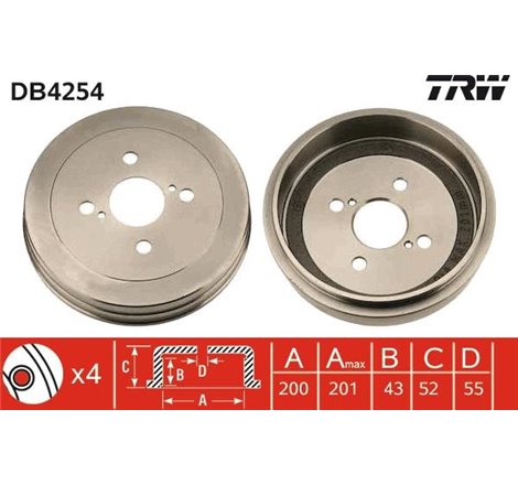 Tambur frana Spate TOYOTA BB I. IST. PORTE I. RAUM. WILL CYPHA I. YARIS. YARIS VERSO 1.0-1.5 04.99-07.12 - TRW-DB4254