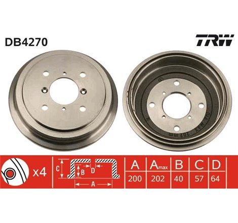 Tambur frana Spate SUBARU JUSTY II. SUZUKI SWIFT. SWIFT II 1.0-1.3-1.6 03.89-12.05 - TRW-DB4270