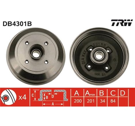 Tambur frana Spate OPEL CORSA C. CORSA C-HATCHBACK 1.0-1.7D 09.00-06.12 - TRW-DB4301B