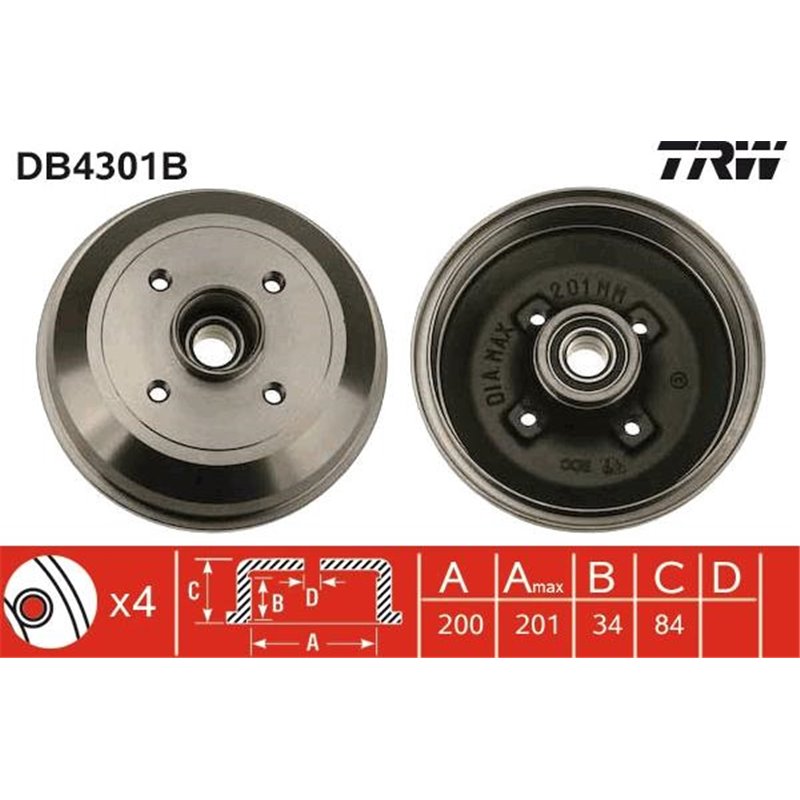 Tambur frana Spate OPEL CORSA C. CORSA C-HATCHBACK 1.0-1.7D 09.00-06.12 - TRW-DB4301B