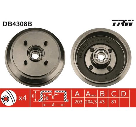 Tambur frana Spate FORD FIESTA IV. FIESTA V. FIESTA-HATCHBACK. FUSION. MAZDA 2 1.2-1.8D 08.95-12.12 - TRW-DB4308B