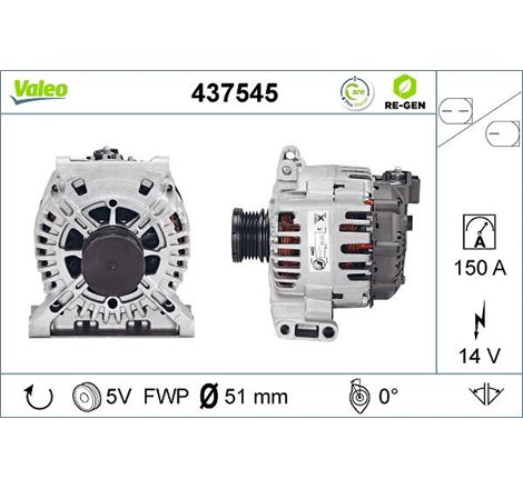 Alternator 14V. 150A. factory remanufactured MERCEDES A W169. B SPORTS TOURER W245. C W204 2.0D-2.1D 09.04-06.12 - Valeo-437545