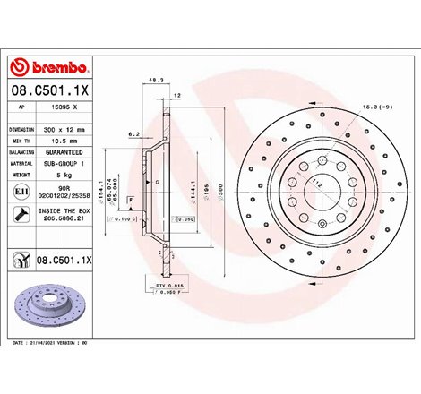 Brake disc. BREMBO Xtra. 1pcs. Drilled. spate . 300 mm. grosime 12 mm. AUDI A3. Q3. TT. SEAT ALHAMBRA. TARRACO. SKODA KODIAQ I. 