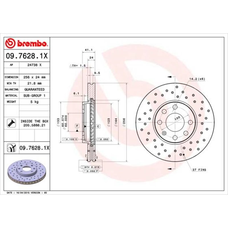 Brake disc. BREMBO Xtra. 1pcs. Drilled. fata . 256 mm. grosime 24 mm. CHEVROLET ASTRA. CORSA. OPEL ASTRA G. ASTRA G CLASSIC. AST