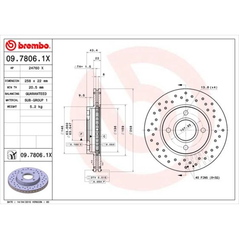 Brake disc. BREMBO Xtra. 1pcs. Drilled. fata . 258 mm. grosime 22 mm. FORD FIESTA IV. FIESTA V. FIESTA-HATCHBACK. FIESTA-MINIVAN
