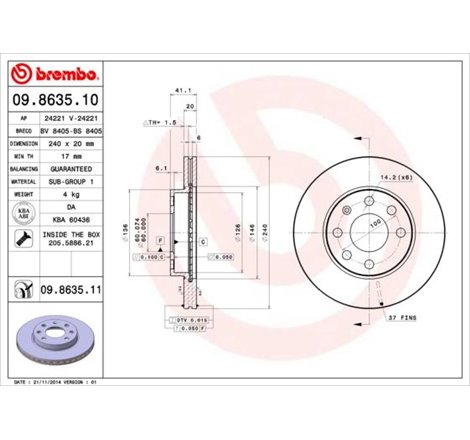 Disc frana Fata DR-ST OPEL CORSA C. CORSA C-HATCHBACK 1.0-1.2-1.7D 09.00-12.09 - Brembo-09.8635.11