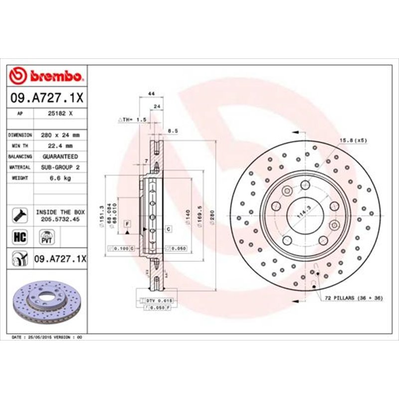 Brake disc. BREMBO Xtra. 1pcs. Drilled. fata . 280 mm. grosime 24 mm. DACIA DUSTER. DUSTER-SUV. NISSAN JUKE. TERRANO. TOWNSTAR 1