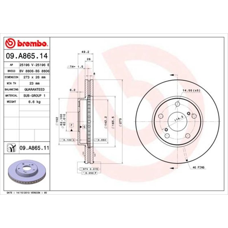 Disc frana Fata DR-ST TOYOTA AURIS. COROLLA 1.33-1.8H 10.06-07.14 - Brembo-09.A865.11