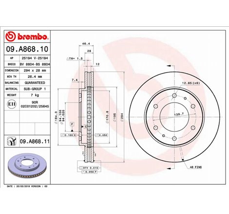 Disc frana Fata DR-ST FIAT FULLBACK. MITSUBISHI L200. L200-TRITON. PAJERO SPORT II 2.2D-3.5 11.05- - Brembo-09.A868.11