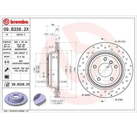 Brake disc. BREMBO Xtra. 1pcs. Drilled. spate . 300 mm. grosime 20 mm. BMW 1 E81. 1 E87. 3 E90. 3 E91. 3 E92. 3 E93 1.6-3.0D 12.