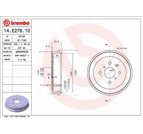 Tambur frana Spate CITROEN C1. C1 II. PEUGEOT 107. 108. TOYOTA AYGO. AYGO-HATCHBACK 1.0-1.2-1.4D 06.05- - Brembo-14.E276.10